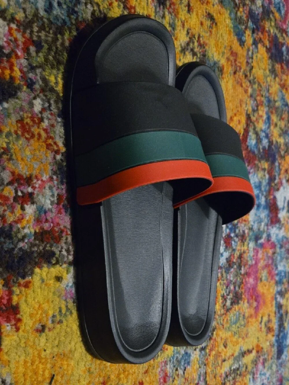 Black Slide Sandals with Green and Red Stripes